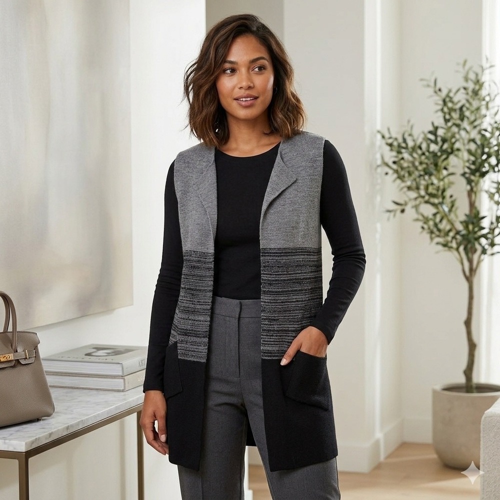 Cocogio Italy Womens‎ Gray Black Merino Wool Blend Colorblock Longline Vest L